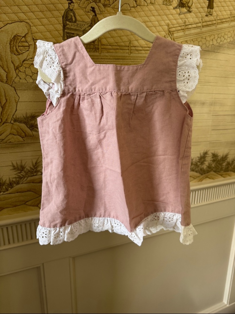 Girls Rose Pink Linen-Blend Eyelet Trim Tank Top by